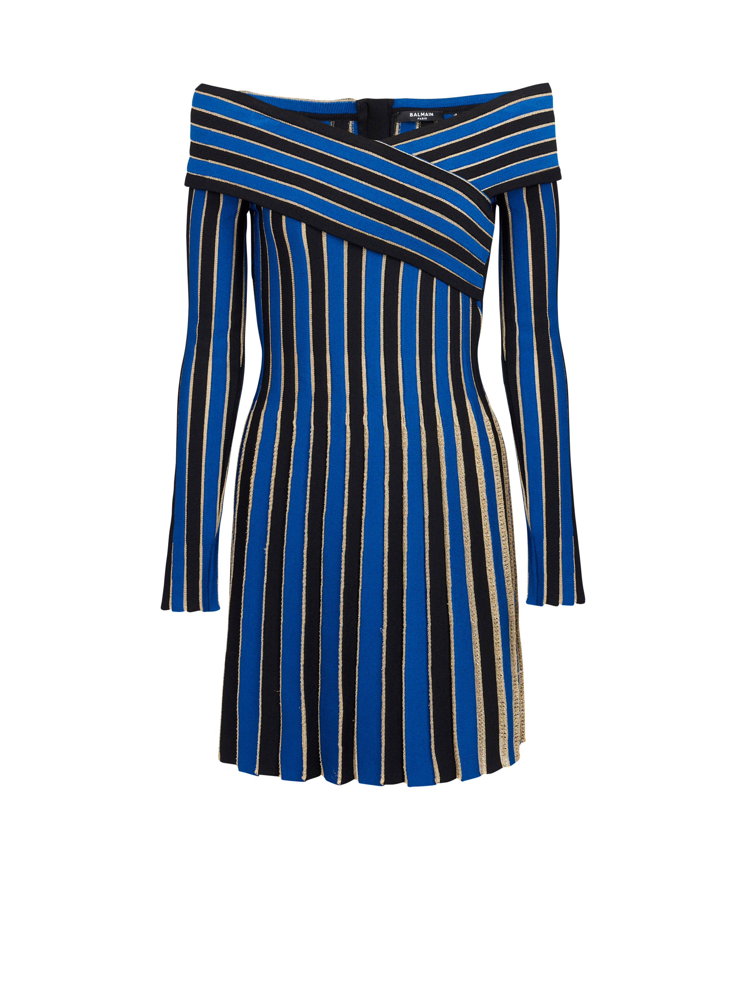 BALMAIN WOMEN'S ELECTRIC BLUE LUREX OFF-SHOULDER PLEATED DRESS