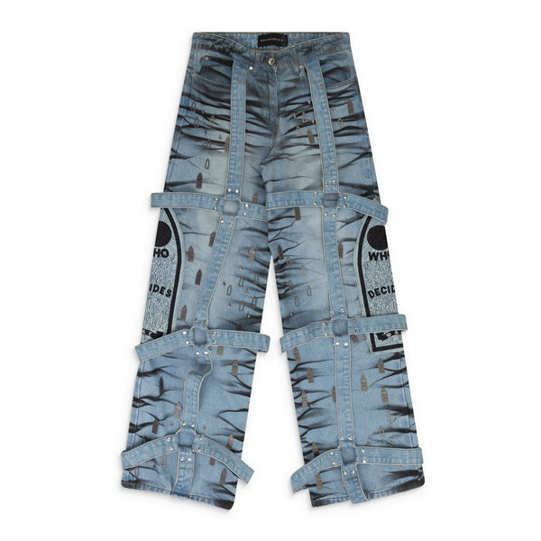 BLUE STRIPE BONDAGE WIDE-LEG JEANS