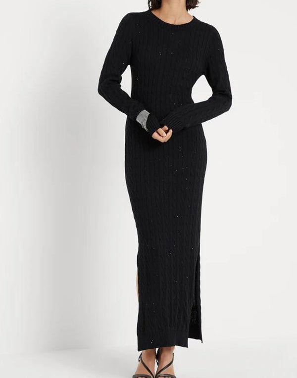 BRUNELLO CUCINELLI WOMEN'S BLACK COTTON CABLE KNIT MAXI DRESS